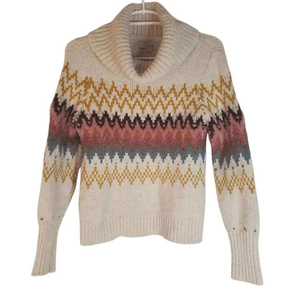 LOFT‎ Zig Zag Cowl Turtle Neck Knit Wool Blend Pullover Sweater Multicolor XS